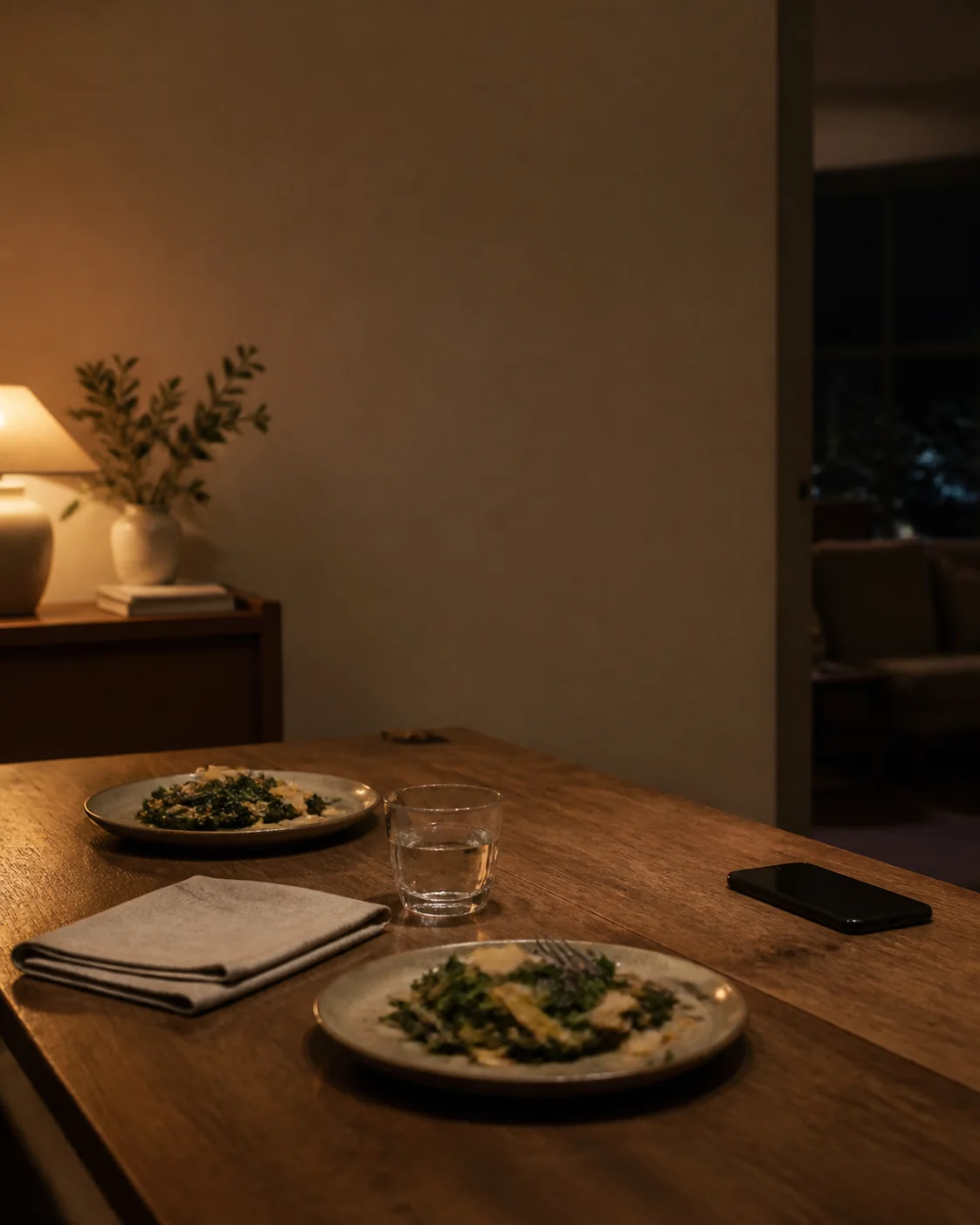 A smartphone set aside at the edge of a dinner table beside two place settings.