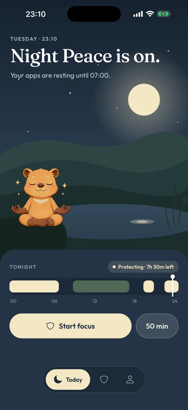 Calma Today at night: Night Peace is on. Your apps are resting until 07:00.