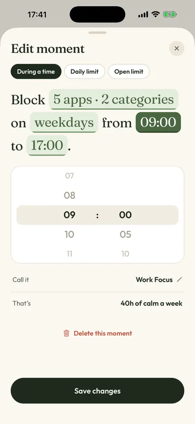 Calma's rule builder, where a Brick mode becomes a sentence with apps, days and times you can tap.