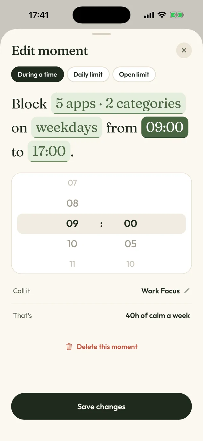 Edit moment sheet: Block 5 apps and 2 categories on weekdays from 09:00 to 17:00.